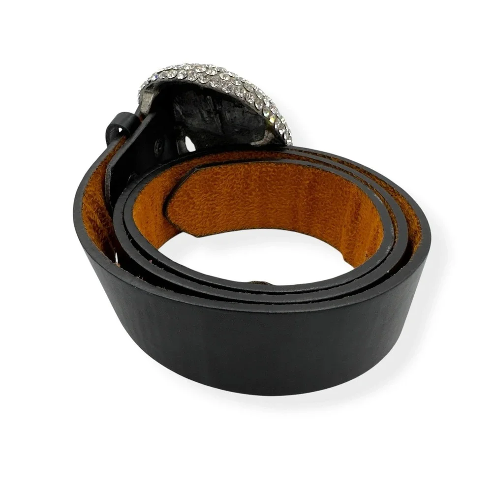 Studded‎ Skull Black Genuine Leather Belt Rock Rhinestones Men's Size 34-36